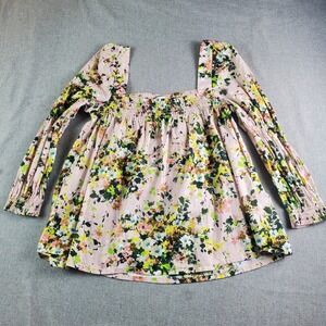 Tuckernuck  Top Blouse Womens XL Green Floral Puff Sleeve Square Neck